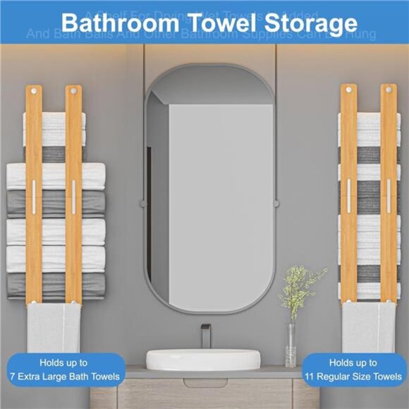 Towel Rack Bamboo 30" Wall Mounted, Rolled Towel Holder w/ Hook, 30" x 5" x 7.6" - Picture 5 of 7